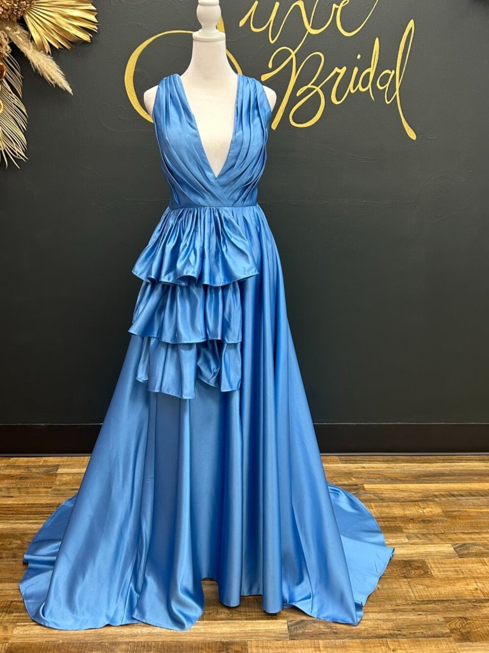 New Blue Deep V Formal Gown w/Train & Slit